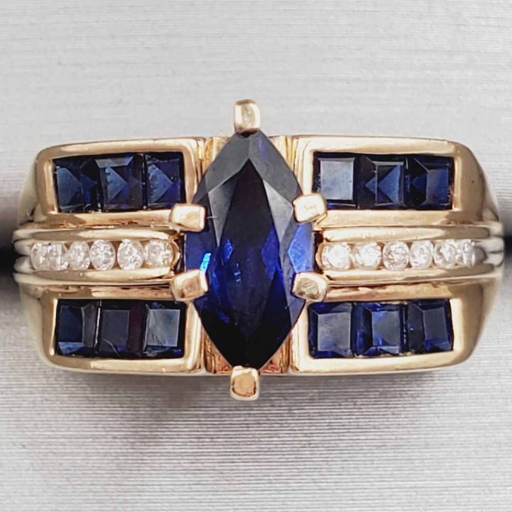 10k Solid Yellow Gold Genuine Marquise Blue Sapphire & Diamond Statement Ring
